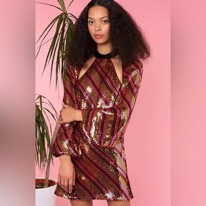 Rixo Harriet sequin stripe long sleeve mini dress burgundy gold SZ L BNWT
